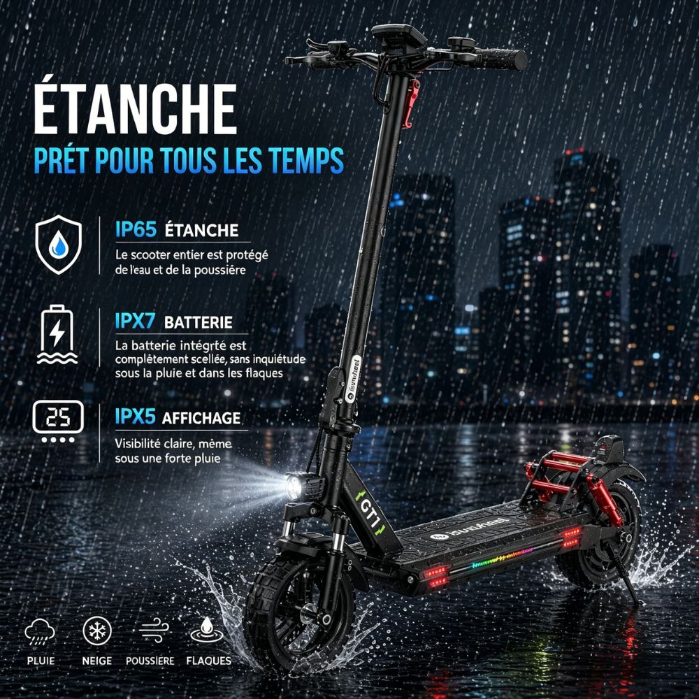 Trottinette électrique résistante à l'eau avec protection contre la pluie
