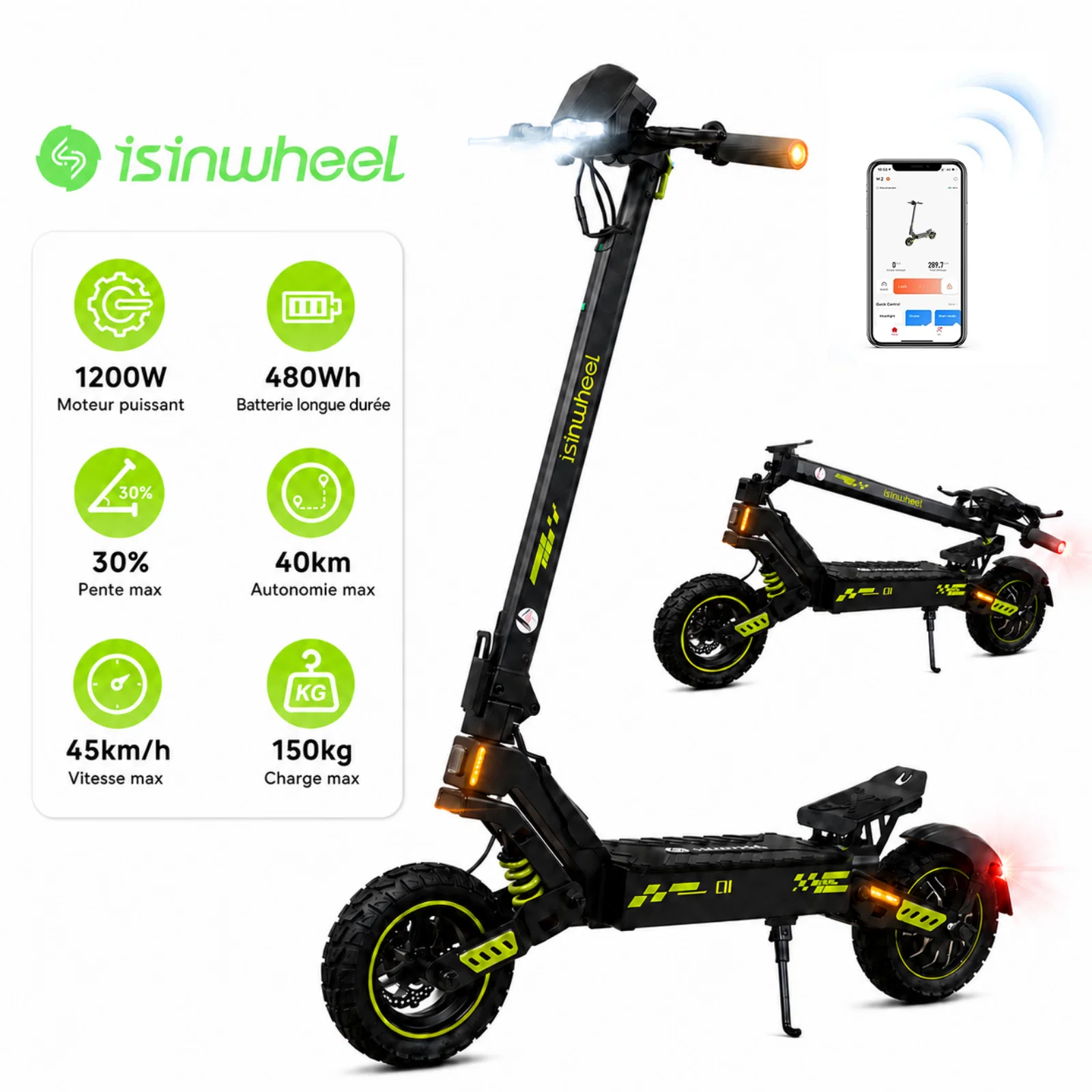 isinwheel® S-NOVA Pro Trottinette électrique tout-terrain 1000W