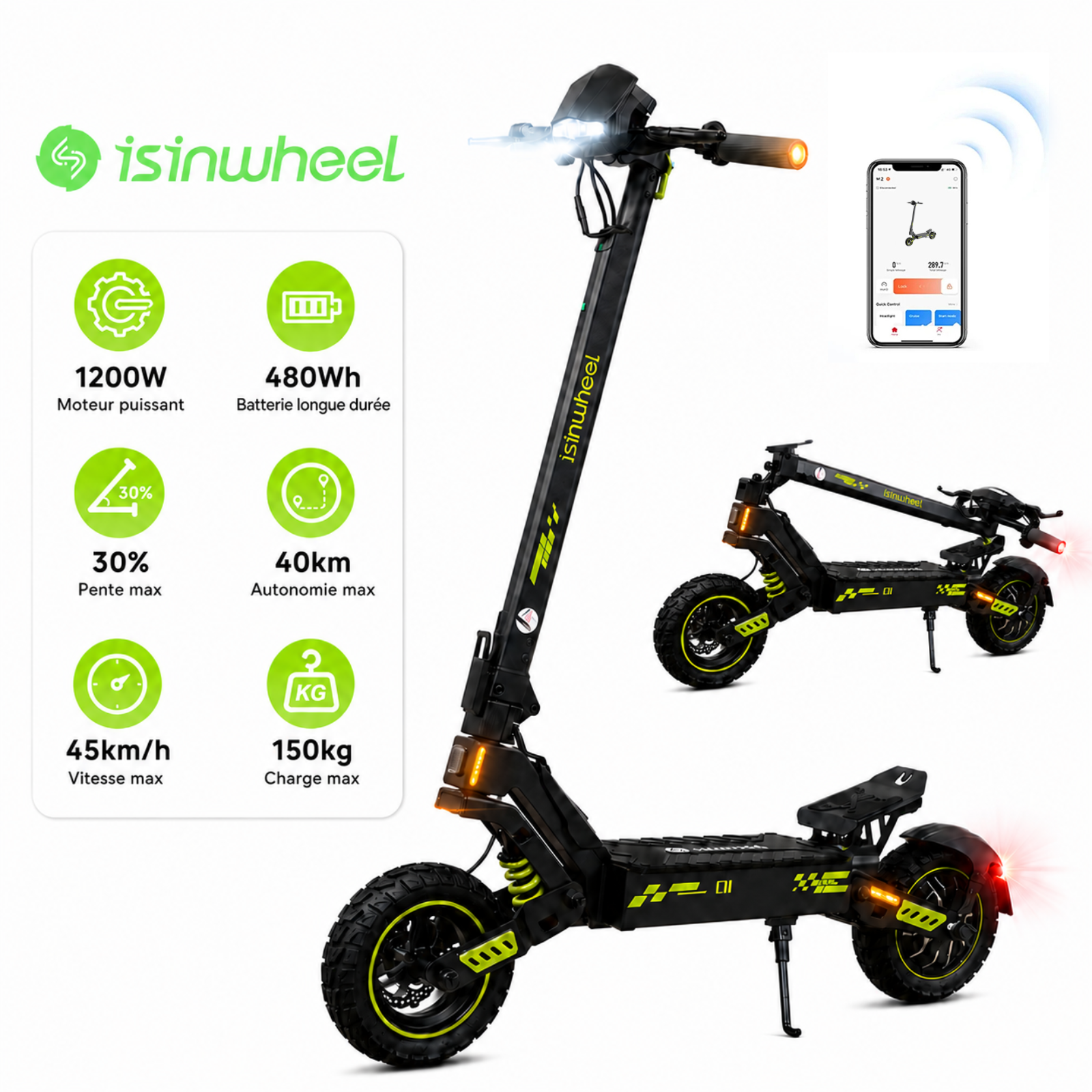 isinwheel GT1 Trottinette électrique tout terrain 800W