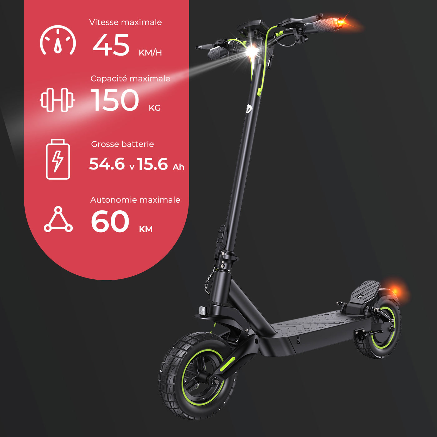 Isinwheel GT2 Trottinette électrique Tout-terrain - 1200W, 60 Km, Batterie 48V 15Ah, Pneus 11 Pouces, Double Suspension