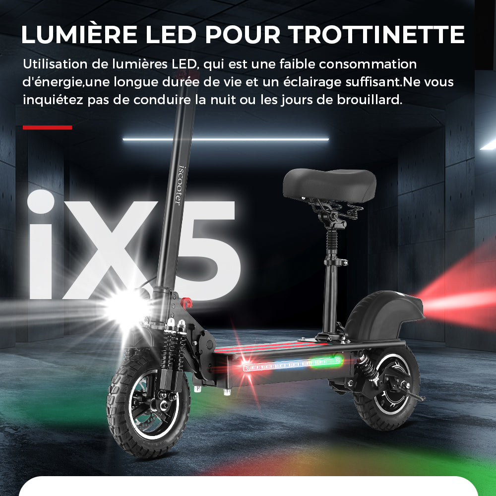 iScooter IX5-Trottinette Électrique Antidérapante Tout-Terrain, 15Ah,  1000W, 10 Pouces, 45 km/h, Autonomie Maximale